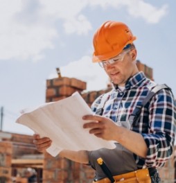 Ingeniero con casco naranja revisando planos en una obra en construcción con ladrillos al fondo